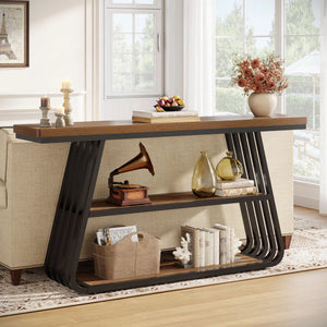 Modern 55-Inch Console Table with 3 Tiers and Iron Frame for Entryway & Living Room  Wooden Bazar