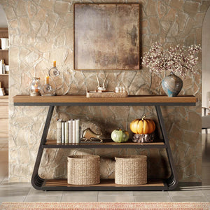 Modern 55-Inch Console Table with 3 Tiers and Iron Frame for Entryway & Living Room  Wooden Bazar