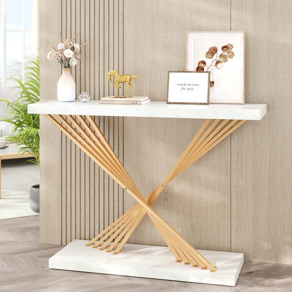 Modern Console Table with White Faux Marble Top and Gold X-Shaped Metal Frame for Entryway & Living Room  Wooden Bazar