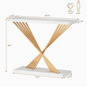 Modern Console Table with White Faux Marble Top and Gold X-Shaped Metal Frame for Entryway & Living Room  Wooden Bazar