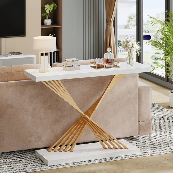Modern Console Table with White Faux Marble Top and Gold X-Shaped Metal Frame for Entryway & Living Room  Wooden Bazar
