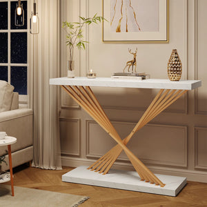 Modern Console Table with White Faux Marble Top and Gold X-Shaped Metal Frame for Entryway & Living Room  Wooden Bazar