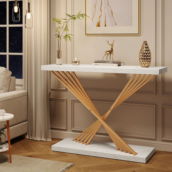 Modern Console Table with White Faux Marble Top and Gold X-Shaped Metal Frame for Entryway & Living Room  Wooden Bazar