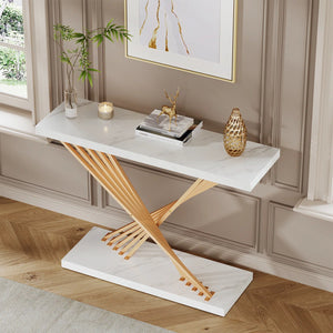 Modern Console Table with White Faux Marble Top and Gold X-Shaped Metal Frame for Entryway & Living Room  Wooden Bazar