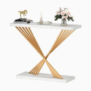 Modern Console Table with White Faux Marble Top and Gold X-Shaped Metal Frame for Entryway & Living Room  Wooden Bazar