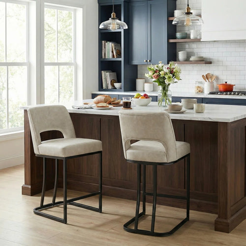 Modern Counter Height Barstools with Cutout Back, Comfy Faux Leather Kitchen Island Stool with Metal Frame, Set of 2  Wooden Bazar