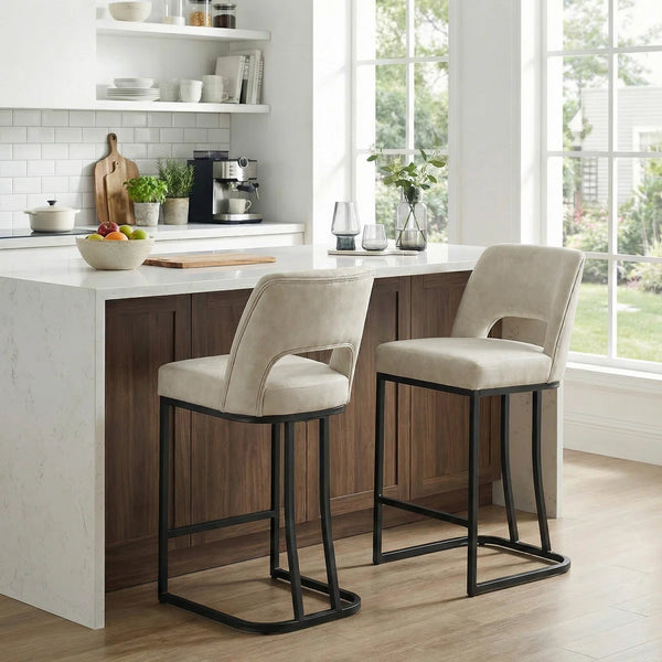 Modern Counter Height Barstools with Cutout Back, Comfy Faux Leather Kitchen Island Stool with Metal Frame, Set of 2  Wooden Bazar