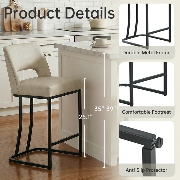 Modern Counter Height Barstools with Cutout Back, Comfy Faux Leather Kitchen Island Stool with Metal Frame, Set of 2  Wooden Bazar