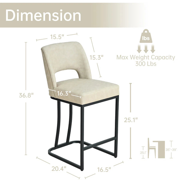 Modern Counter Height Barstools with Cutout Back, Comfy Faux Leather Kitchen Island Stool with Metal Frame, Set of 2  Wooden Bazar