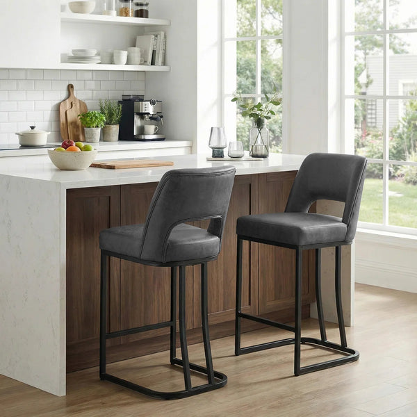 Modern Counter Height Barstools with Cutout Back, Comfy Faux Leather Kitchen Island Stool with Metal Frame, Set of 2  Wooden Bazar
