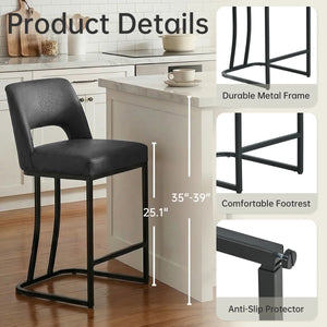 Modern Counter Height Barstools with Cutout Back, Comfy Faux Leather Kitchen Island Stool with Metal Frame, Set of 2  Wooden Bazar
