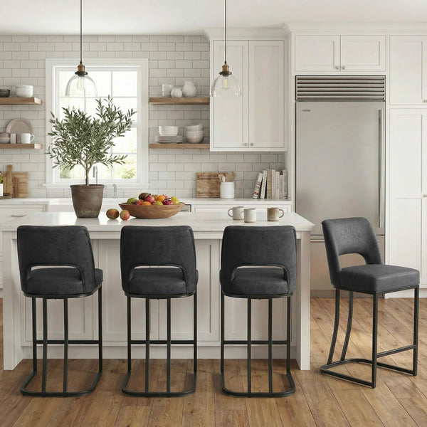 Modern Counter Height Barstools with Cutout Back, Comfy Faux Leather Kitchen Island Stool with Metal Frame, Set of 2  Wooden Bazar