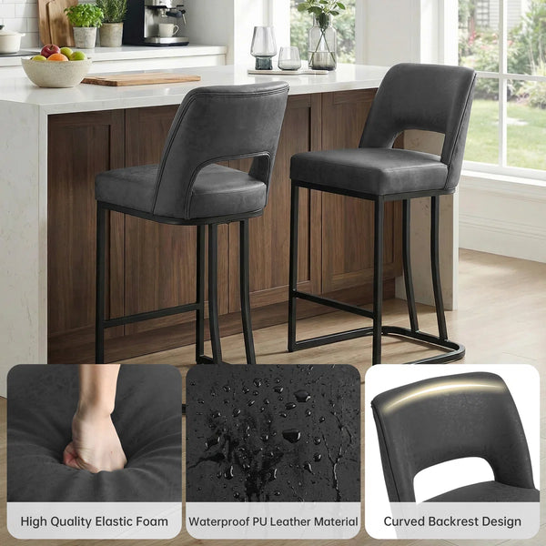 Modern Counter Height Barstools with Cutout Back, Comfy Faux Leather Kitchen Island Stool with Metal Frame, Set of 2  Wooden Bazar
