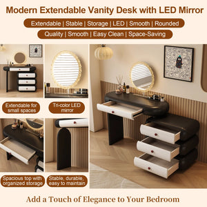 Modern Extendable Vanity Desk with LED Mirror, Storage Drawers & Reversible Left/Right Installation, Ultra Easy Assembly Makeup Table for Bedroom  Wooden Bazar