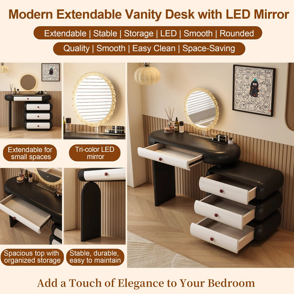Modern Extendable Vanity Desk with LED Mirror, Storage Drawers & Reversible Left/Right Installation, Ultra Easy Assembly Makeup Table for Bedroom  Wooden Bazar