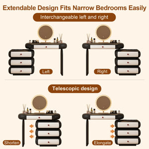 Modern Extendable Vanity Desk with LED Mirror, Storage Drawers & Reversible Left/Right Installation, Ultra Easy Assembly Makeup Table for Bedroom  Wooden Bazar