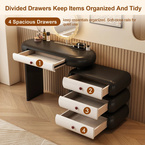 Modern Extendable Vanity Desk with LED Mirror, Storage Drawers & Reversible Left/Right Installation, Ultra Easy Assembly Makeup Table for Bedroom  Wooden Bazar