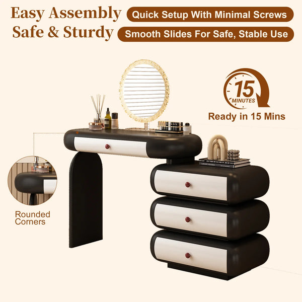 Modern Extendable Vanity Desk with LED Mirror, Storage Drawers & Reversible Left/Right Installation, Ultra Easy Assembly Makeup Table for Bedroom  Wooden Bazar