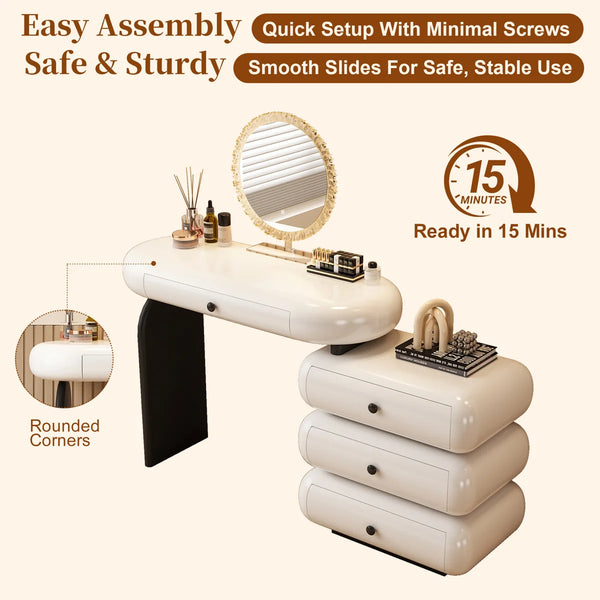 Modern Extendable Vanity Desk with LED Mirror, Storage Drawers & Reversible Left/Right Installation, Ultra Easy Assembly Makeup Table for Bedroom  Wooden Bazar