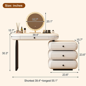 Modern Extendable Vanity Desk with LED Mirror, Storage Drawers & Reversible Left/Right Installation, Ultra Easy Assembly Makeup Table for Bedroom  Wooden Bazar
