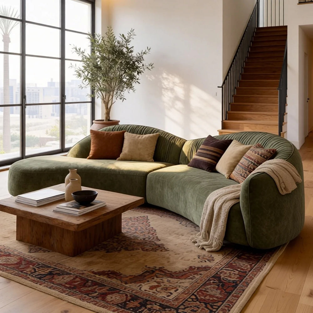 Hitong Organic Modern Curved Sectional Sofa in Green - Wooden bazar