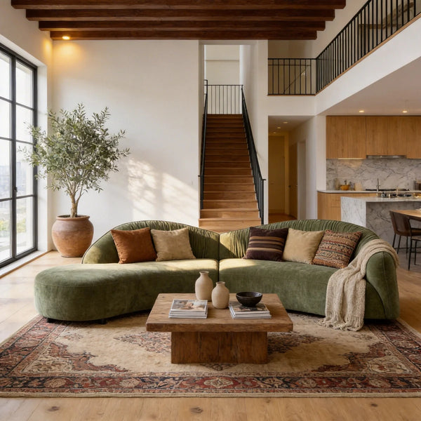 Hitong Organic Modern Curved Sectional Sofa in Green - Wooden bazar
