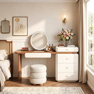 Modern Makeup Vanity Desk, 62.99" Wide, LED Light, 5 Drawers, Jewelry Storage  Wooden Bazar