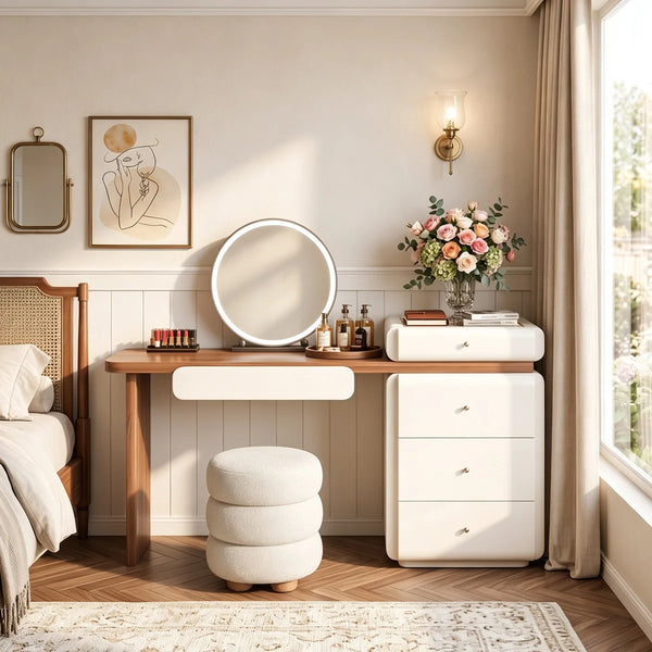 Modern Makeup Vanity Desk, 62.99" Wide, LED Light, 5 Drawers, Jewelry Storage  Wooden Bazar