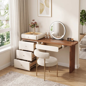 Modern Makeup Vanity Desk, 62.99" Wide, LED Light, 5 Drawers, Jewelry Storage  Wooden Bazar