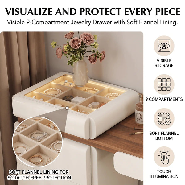 Modern Makeup Vanity Desk, 62.99" Wide, LED Light, 5 Drawers, Jewelry Storage  Wooden Bazar