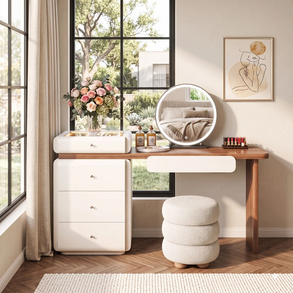 Modern Makeup Vanity Desk, 62.99" Wide, LED Light, 5 Drawers, Jewelry Storage  Wooden Bazar
