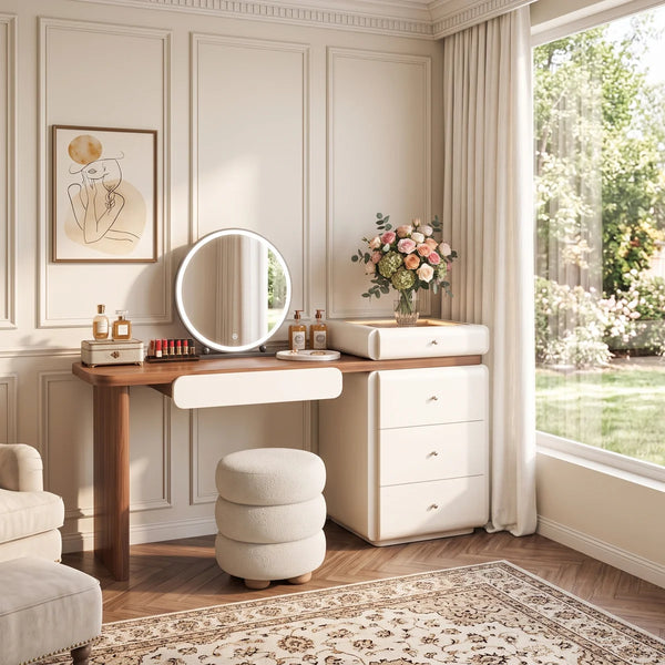 Modern Makeup Vanity Desk, 62.99" Wide, LED Light, 5 Drawers, Jewelry Storage  Wooden Bazar