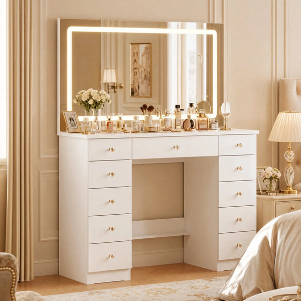 Modern Makeup Vanity With Lighted Mirror And Strong Storage  Wooden Bazar