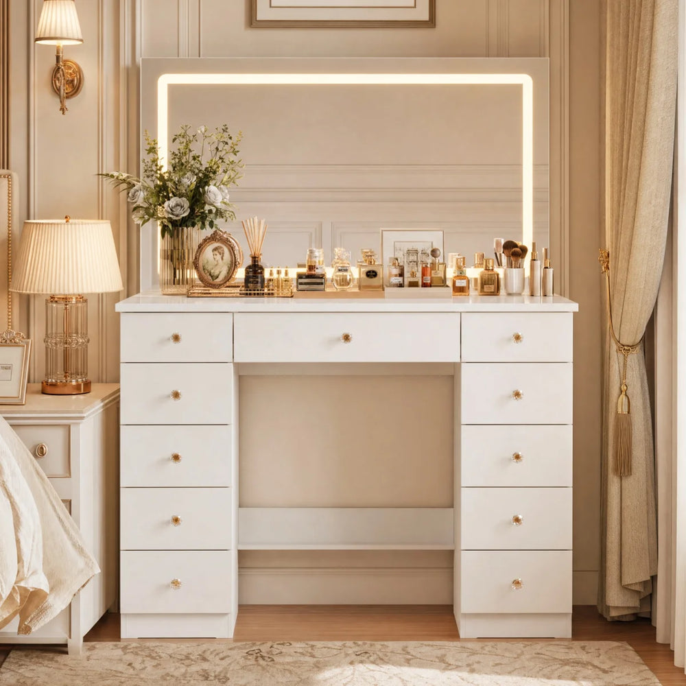 Modern Makeup Vanity With Lighted Mirror And Strong Storage  Wooden Bazar