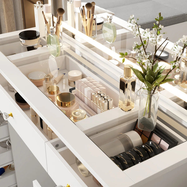 Modern Makeup Vanity With Lighted Mirror And Strong Storage  Wooden Bazar