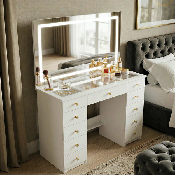 Modern Makeup Vanity With Lighted Mirror And Strong Storage  Wooden Bazar