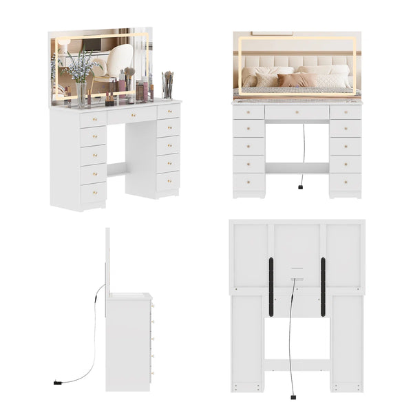 Modern Makeup Vanity With Lighted Mirror And Strong Storage  Wooden Bazar