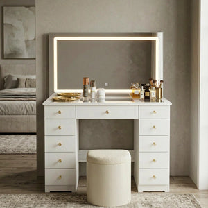 Modern Makeup Vanity With Lighted Mirror And Strong Storage  Wooden Bazar