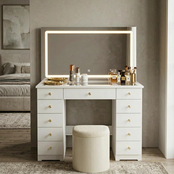 Modern Makeup Vanity With Lighted Mirror And Strong Storage  Wooden Bazar
