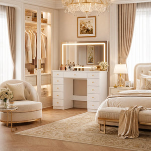 Modern Makeup Vanity With Lighted Mirror And Strong Storage  Wooden Bazar