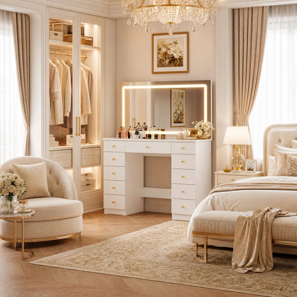 Modern Makeup Vanity With Lighted Mirror And Strong Storage  Wooden Bazar