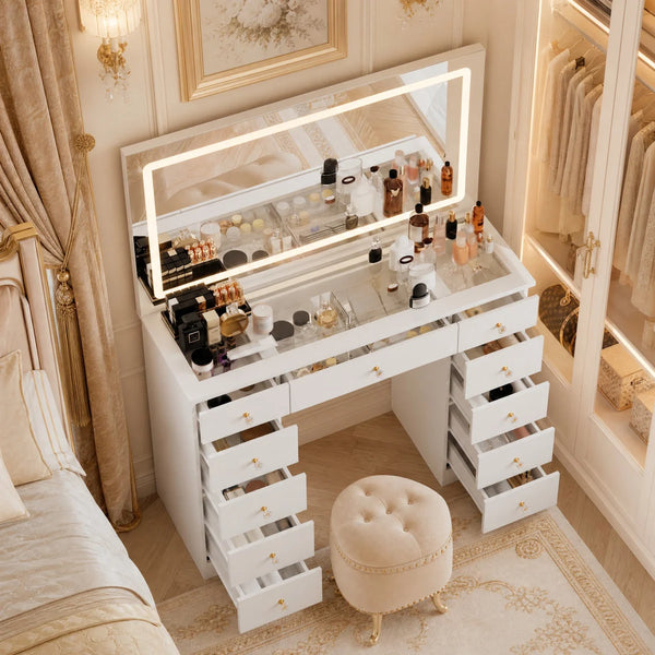Modern Makeup Vanity With Lighted Mirror And Strong Storage  Wooden Bazar