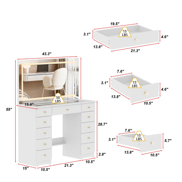 Modern Makeup Vanity With Lighted Mirror And Strong Storage  Wooden Bazar
