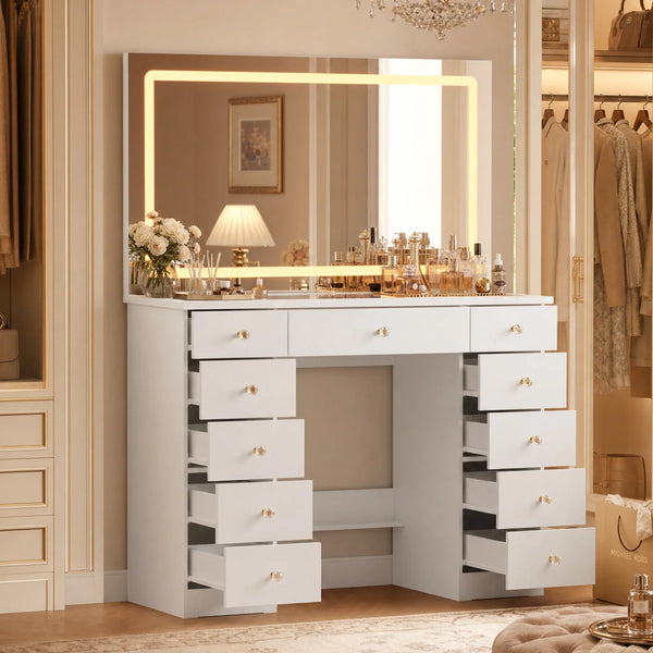 Modern Makeup Vanity With Lighted Mirror And Strong Storage  Wooden Bazar