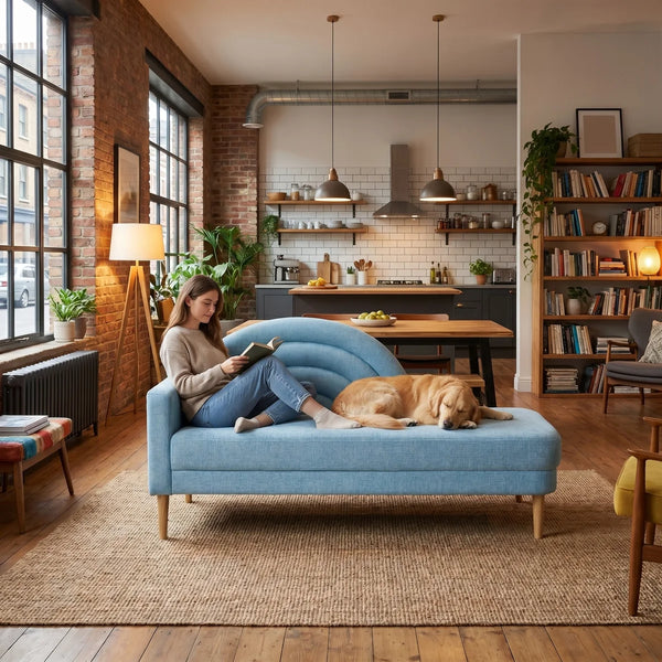 Modern Rainbow-Inspired Curved Backrest Chaise Lounge with Tapered Wood Legs  Wooden Bazar