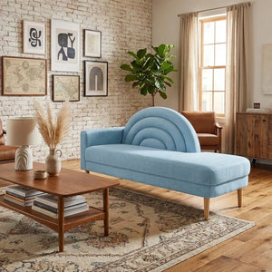 Modern Rainbow-Inspired Curved Backrest Chaise Lounge with Tapered Wood Legs  Wooden Bazar