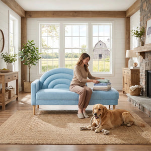Modern Rainbow-Inspired Curved Backrest Chaise Lounge with Tapered Wood Legs  Wooden Bazar
