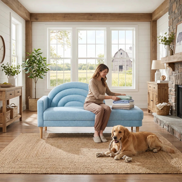 Modern Rainbow-Inspired Curved Backrest Chaise Lounge with Tapered Wood Legs  Wooden Bazar