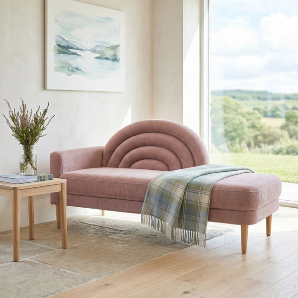 Modern Rainbow-Inspired Curved Backrest Chaise Lounge with Tapered Wood Legs  Wooden Bazar