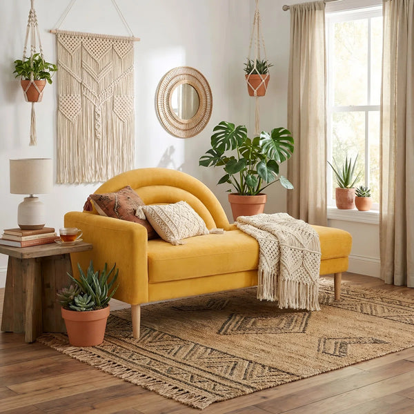 Modern Rainbow-Inspired Curved Backrest Chaise Lounge with Tapered Wood Legs  Wooden Bazar